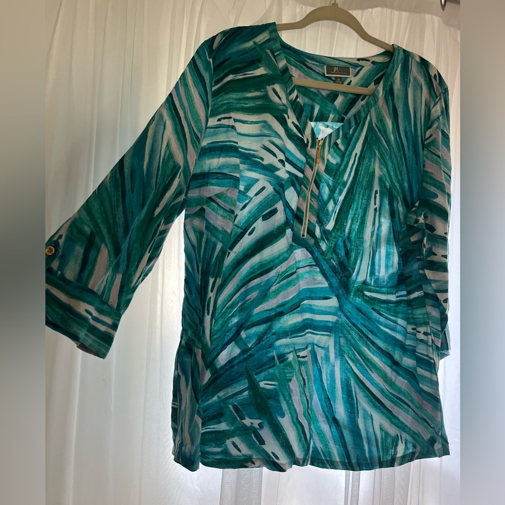 JM Collection Women's Blue Leaf Print Natural 100% Linen Long Blouse Size Xlarge